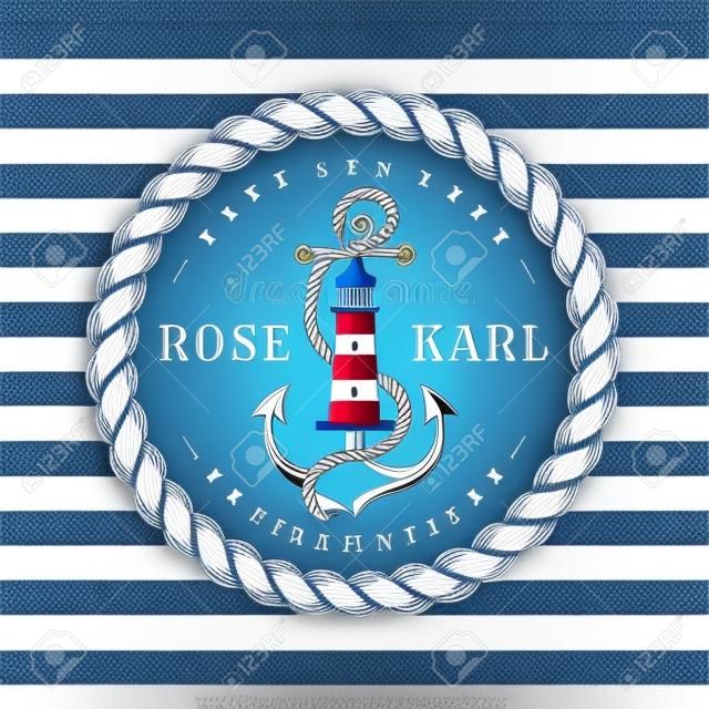 航海結婚式の招待状カード。海のテーマの結婚式のパーティーのためのアンカー、灯台、ロープとストライプとエレガントなテンプレート。白と濃い青色のベクターイラスト。