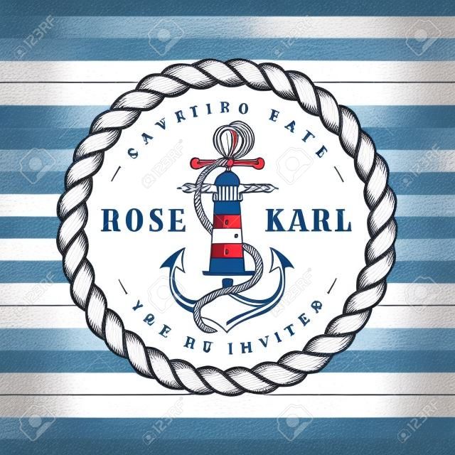 Nautical wedding invitation card. Elegant template with anchor, lighthouse, rope and stripes for sea theme wedding party. Vector illustration in white and dark blue colors.