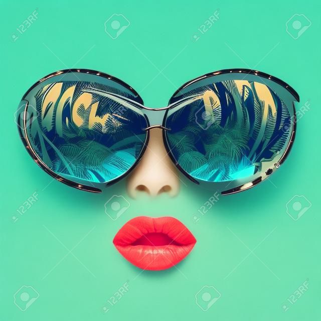 face of woman with sunglasses with reflection of palm trees