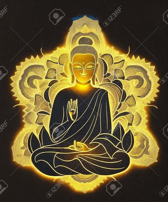 Boeddha zit in de lotuspositie met een verlicht gezicht op de achtergrond van de mandala