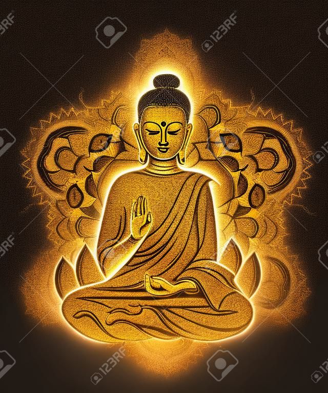 Boeddha zit in de lotuspositie met een verlicht gezicht op de achtergrond van de mandala