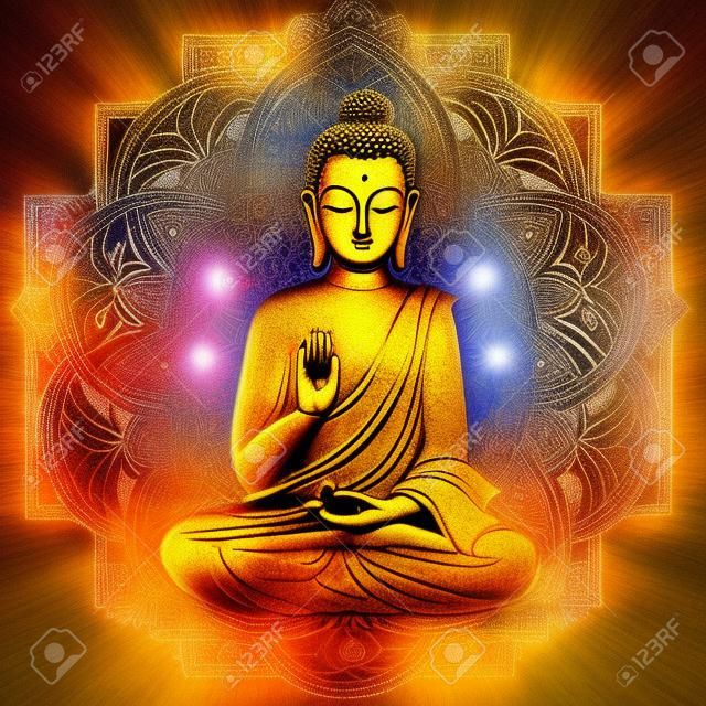 如来佛祖坐在莲花的位置，在曼荼罗的背景上有一张照人的脸