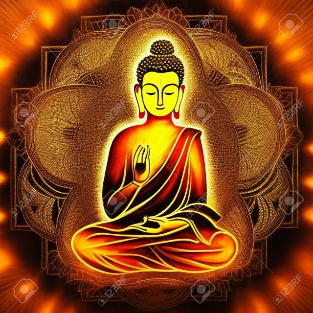 Bouddha assis dans la position du lotus avec un visage illuminé sur le fond du mandala