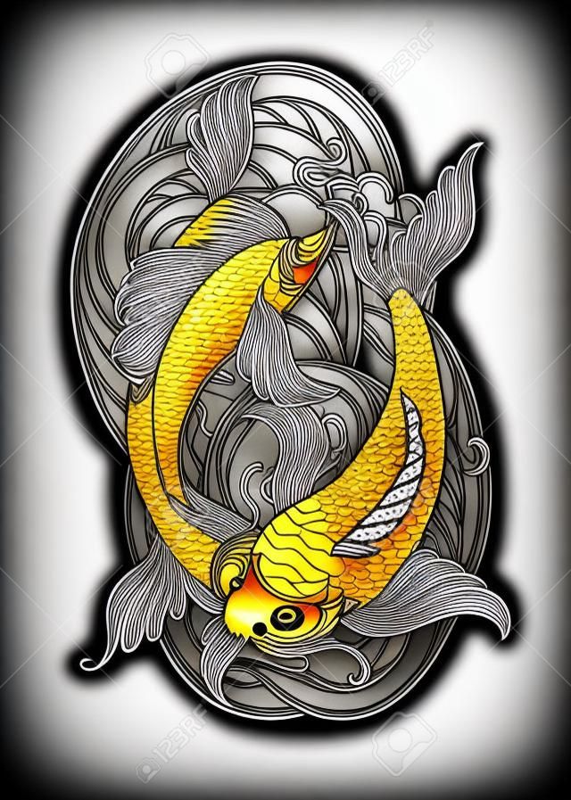 Ręcznie rysowane azjatyckie symbole duchowe - złoty karp koi z lotosu i fale na czarnym tle. Może być używany do tatuażu i tłoczenia lub kolorowania