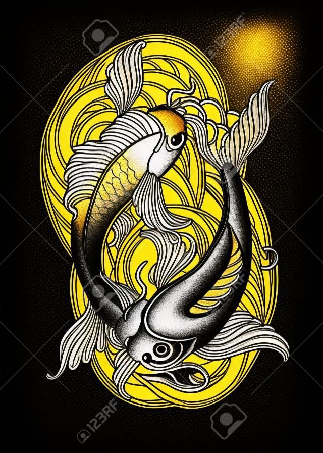 Ręcznie rysowane azjatyckie symbole duchowe - złoty karp koi z lotosu i fale na czarnym tle. Może być używany do tatuażu i tłoczenia lub kolorowania