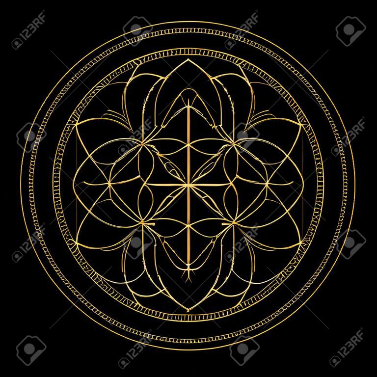 Gold abstrakte monochrome abstrakte Symbole der heiligen Geometrie, verflechten Form, Dreieck Linie auf schwarzem Hintergrund