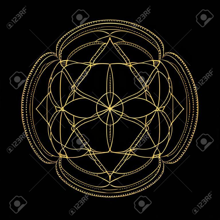 абстрактный золотой монохромный абстрактные символы сакральной геометрии, сплетаются форму, треугольник линии на черном фоне