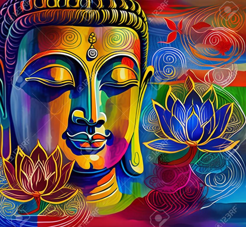 Head of Lord Buddha digital art collage combined with watercolor. An unusual painting hand drawn for the interior