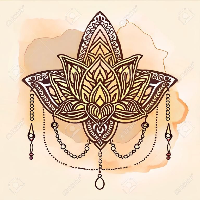 Tatuaje de loto ornamental vectorial adornado contra el fondo del mandala. Espiritualismo, símbolos mágicos para la astrología y la alquimia en estilo boho y arte étnico.