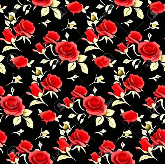 無縫花紋與黑色背景上的紅玫瑰