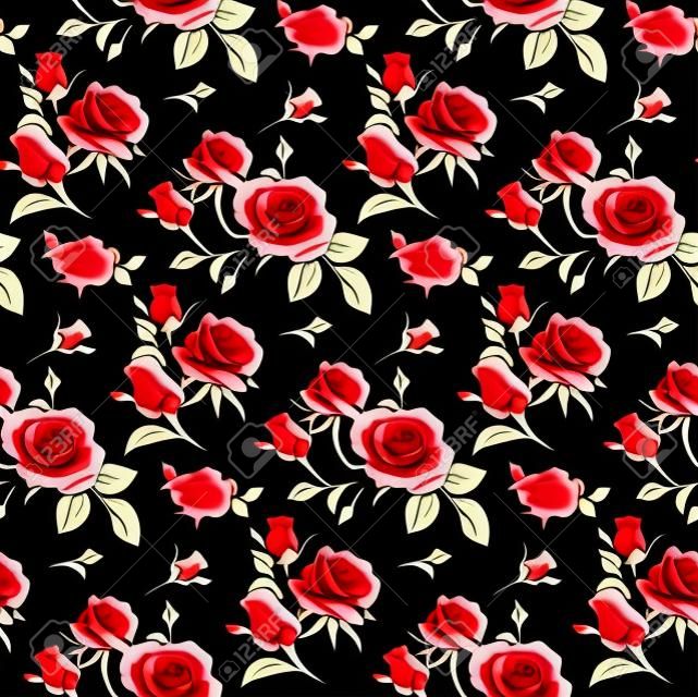 Varrat nélküli virágmintás vörös rózsákkal, fekete alapon