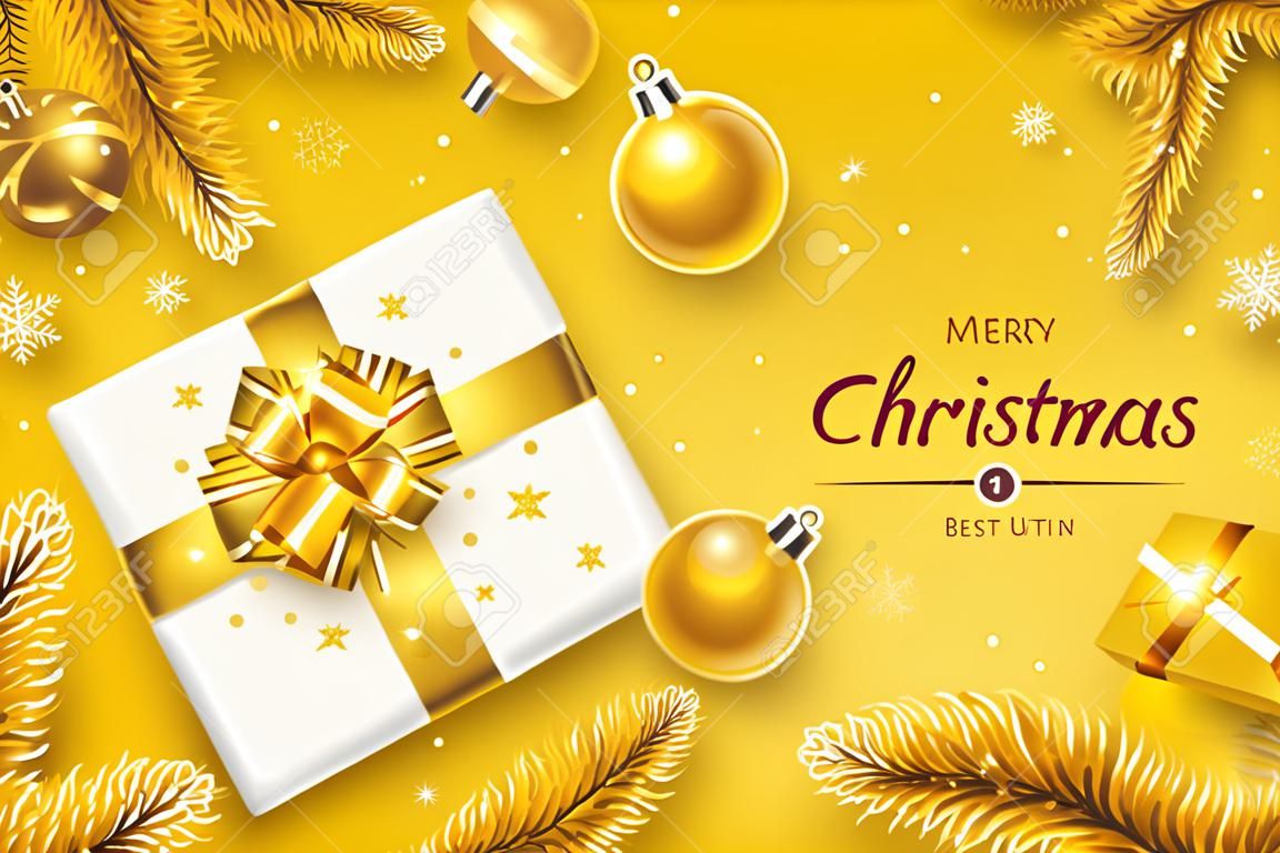Horizontale banner met gouden kerst symbolen en tekst. kerstboom, geschenk, serpentine en sneeuwvlokken op gele achtergrond.