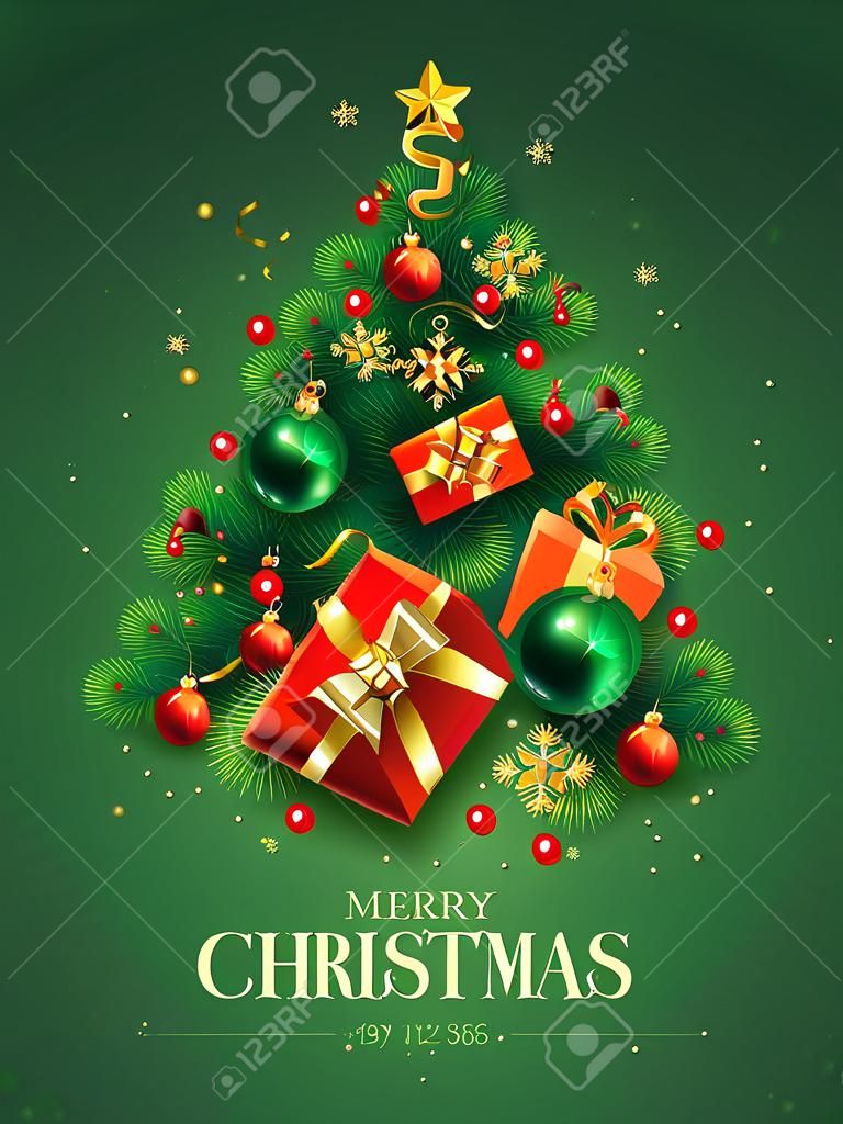 Vertical banner with green and red Christmas symbols and text. Christmas tree with gifts, balls, golden tinsel confetti and snowflakes on green background.