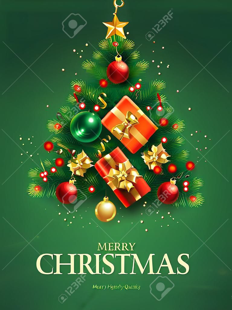 Vertical banner with green and red Christmas symbols and text. Christmas tree with gifts, balls, golden tinsel confetti and snowflakes on green background.
