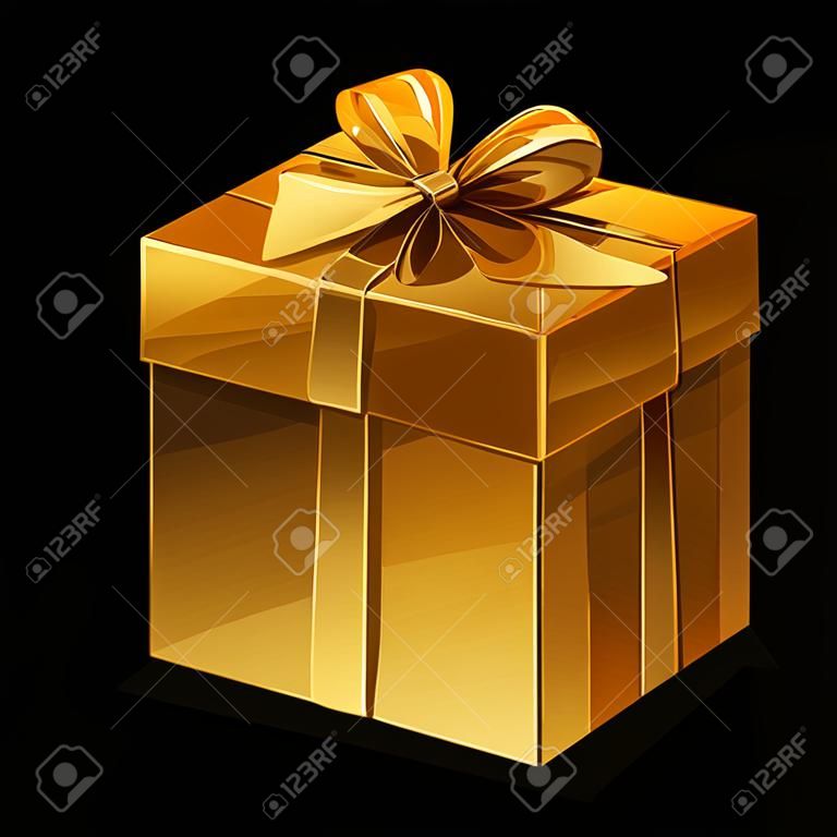 Caixa de ouro com um presente em um fundo preto com luz e brilho.