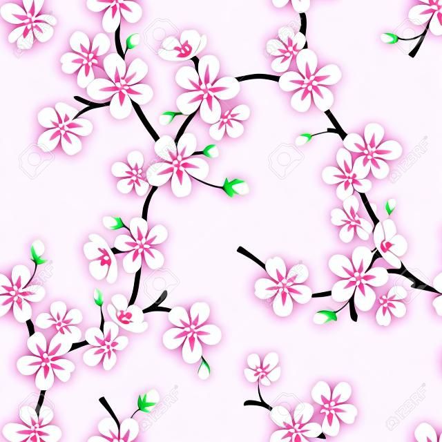 분홍색 배경에 꽃이 만발한 사과 가지의 원활한 벡터 패턴