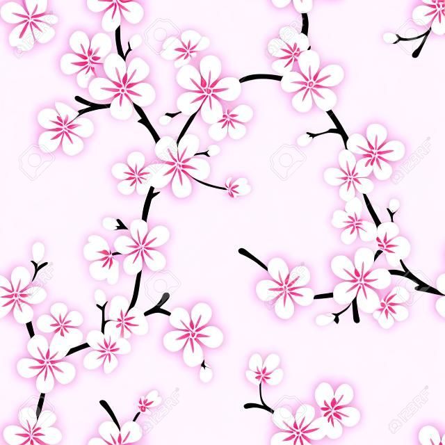 분홍색 배경에 꽃이 만발한 사과 가지의 원활한 벡터 패턴