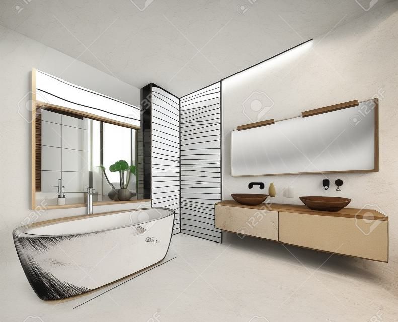 Salle de bain dessinée à la main avec miroir, lavabo et autres meubles.