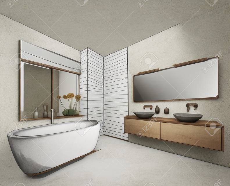 Elle çizilmiş banyo Aynalı, lavabo ve diğer mobilyalar.