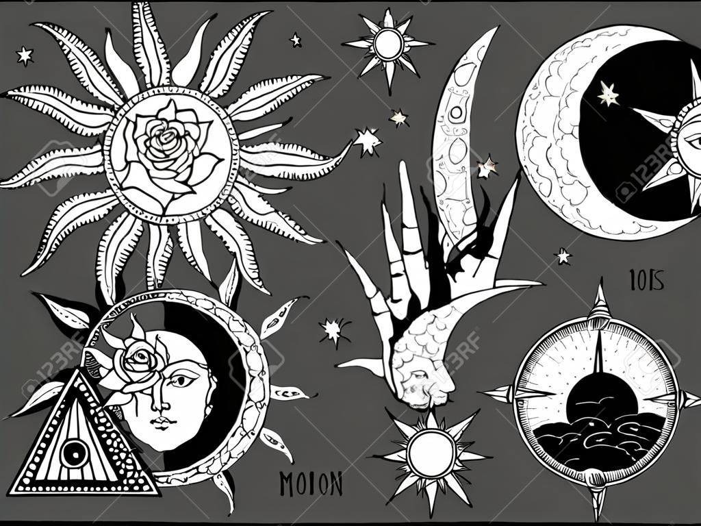 Starożytna astronomiczna ilustracja słońca, księżyca, gwiazd, róży, oka w graficznym stylu antycznym.