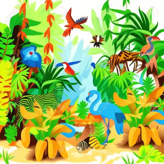 Jungle landscape with wild animals. Vector.
