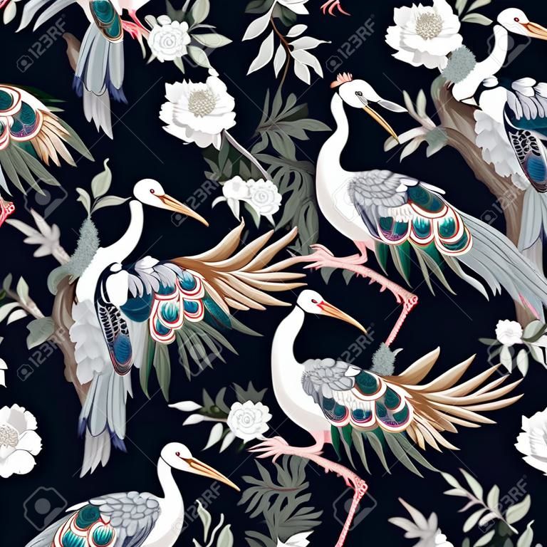 Naadloos patroon in chinoiserie stijl met ooievaars, vogels en pioenen. Vector,