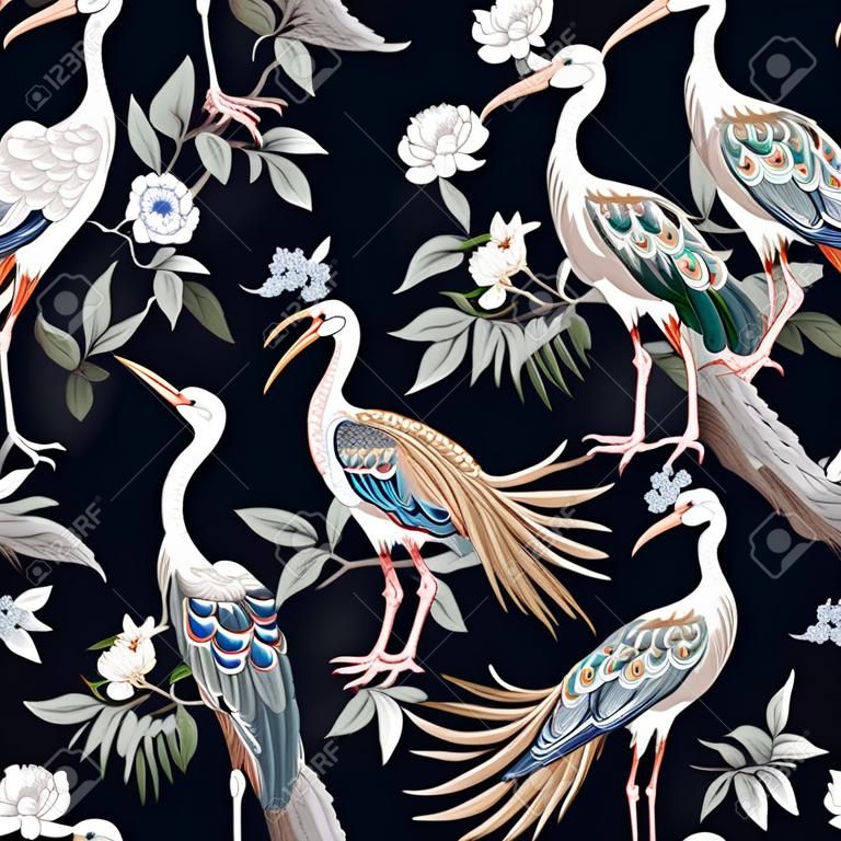 コウノトリ、鳥や牡丹とシノワズリスタイルのシームレスなパターン。ベクトル