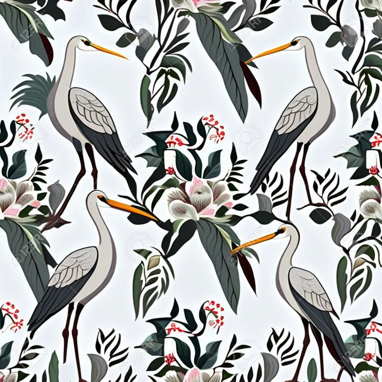 コウノトリ、鳥や牡丹とシノワズリスタイルのシームレスなパターン。ベクトル