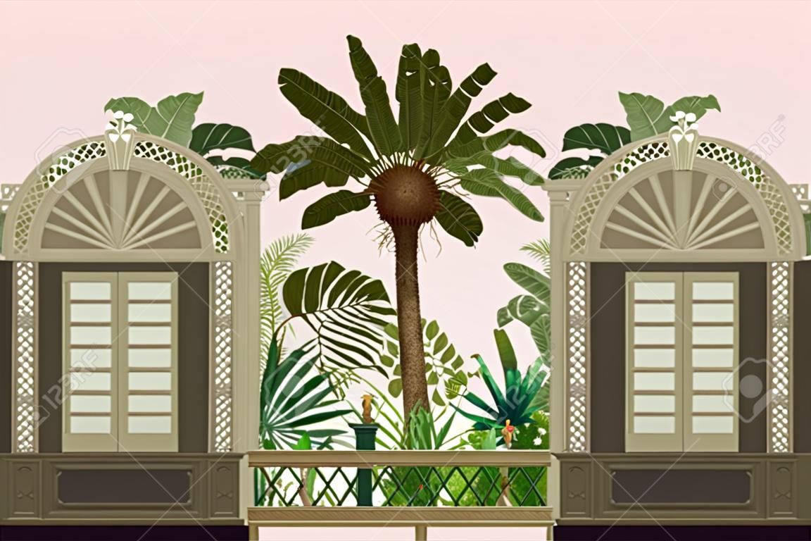 Border with tropical trees and door openings in a garden style. Trendy interior print