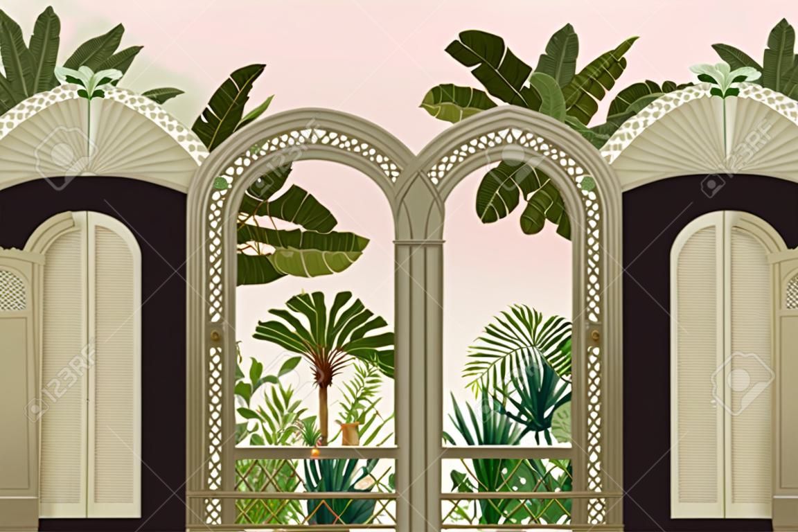 Border with tropical trees and door openings in a garden style. Trendy interior print