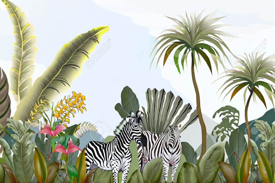 ジャングルの動物、花、木でパターン。ベクター。