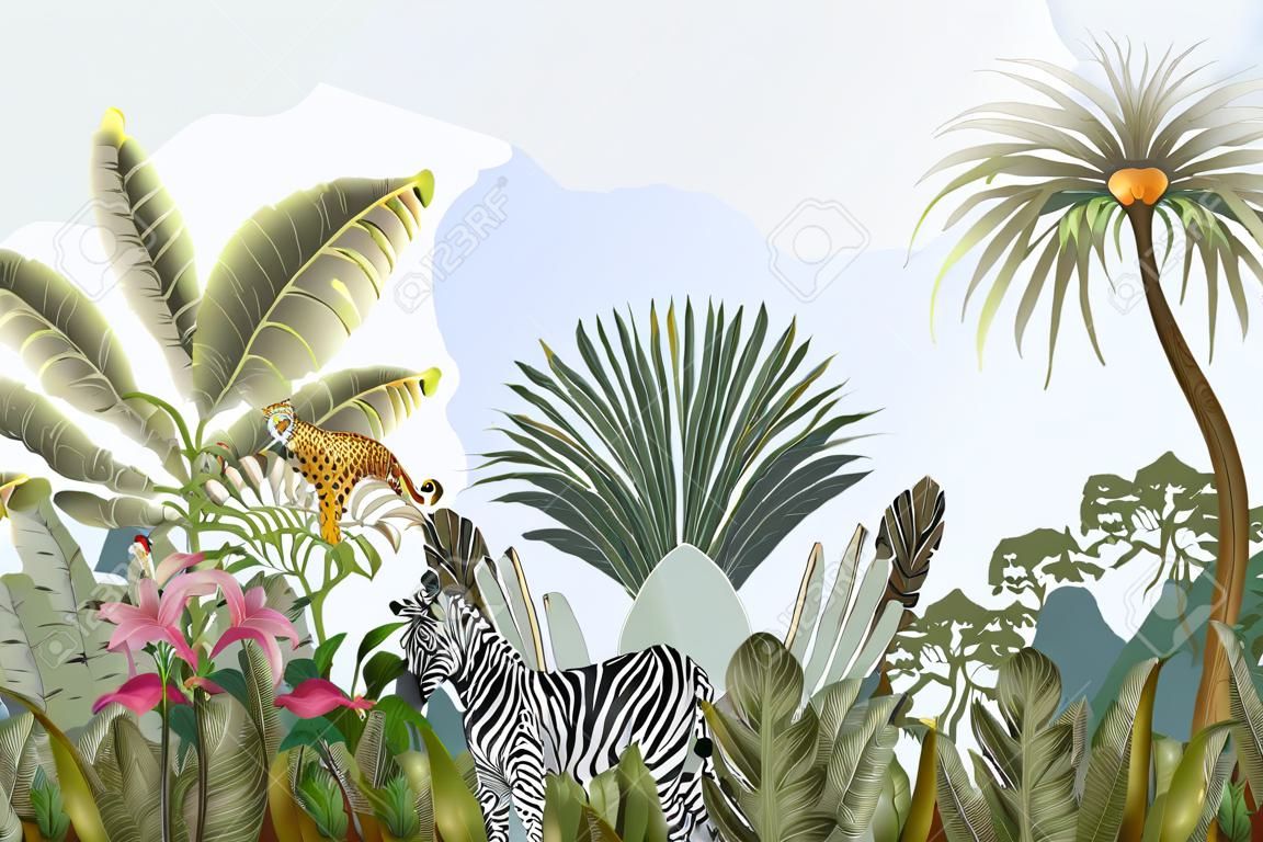 Pattern with jungle animals, flowers and trees. Vector.