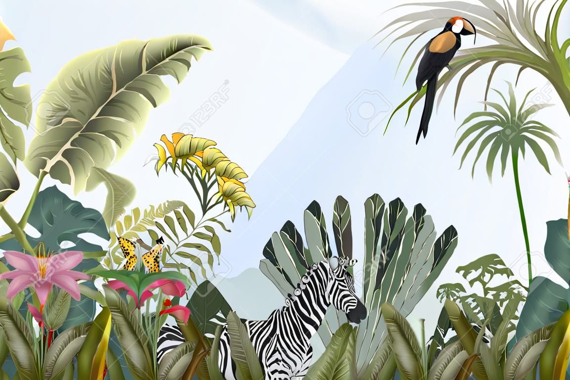 Wzór ze zwierzętami z dżungli, kwiatami i drzewami. wektor.