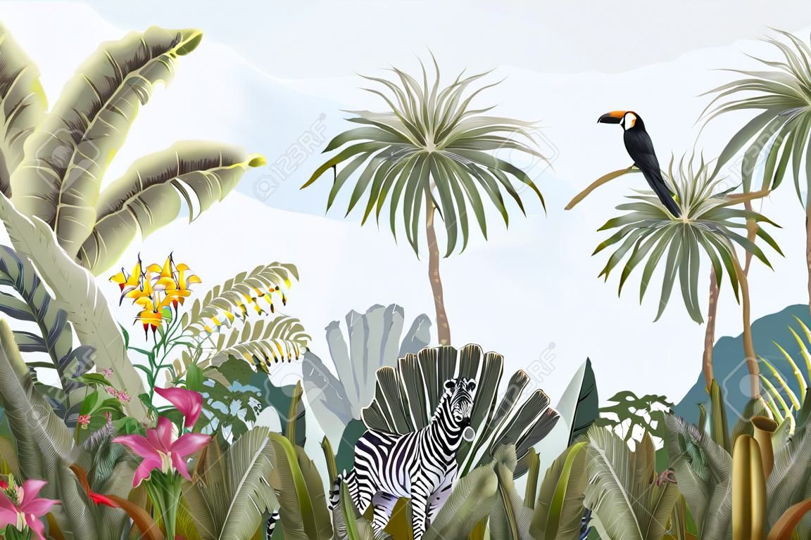 Pattern with jungle animals, flowers and trees. Vector.