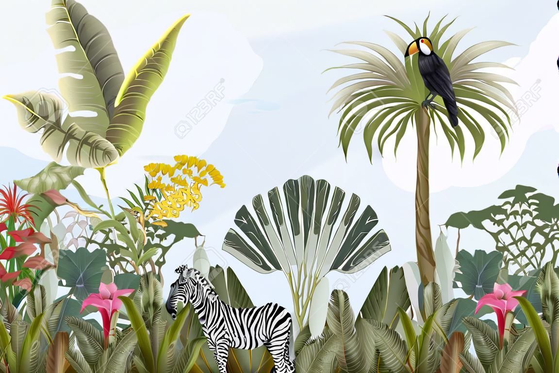 Wzór ze zwierzętami z dżungli, kwiatami i drzewami. wektor.