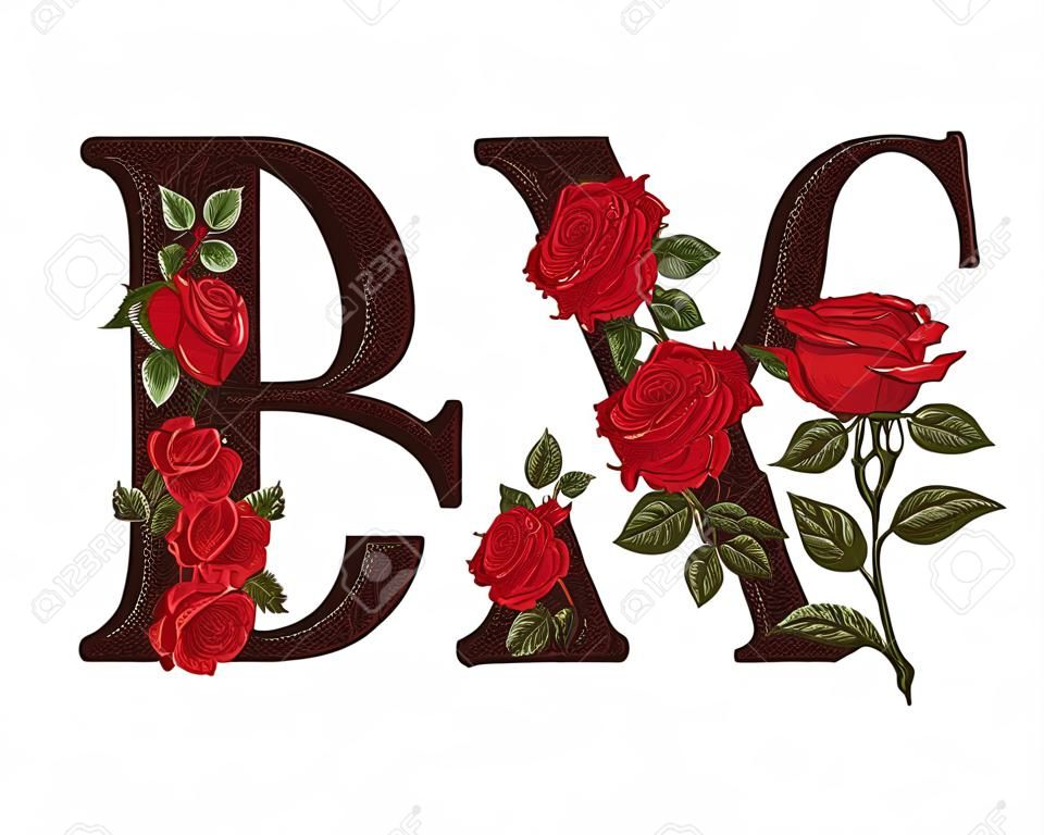 赤いバラの手紙。手描き,ベクトルアルファベット