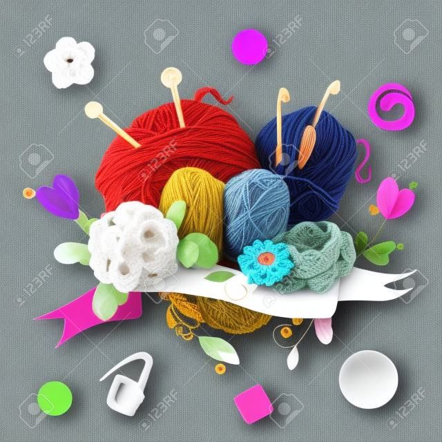 Conjunto para modelo de logotipo artesanal, elementos e acessórios para crochê e tricô.