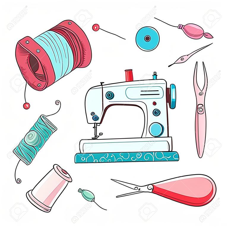 Imposta gli accessori per cucire della macchina da cucire. Disegno a mano. Illustrazione vettoriale.