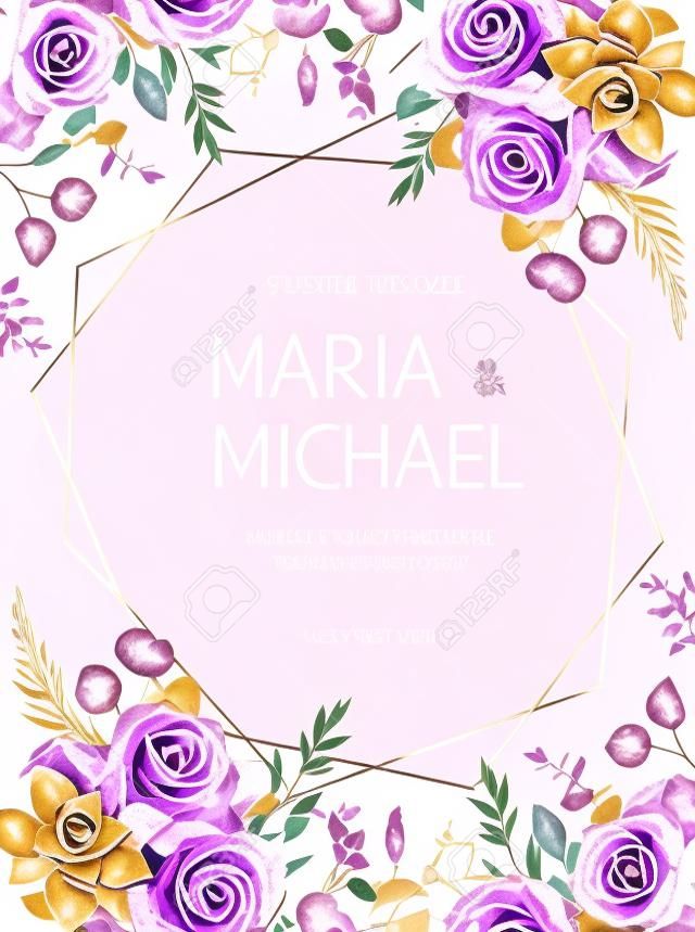 Dusty violet lavender,creamy and mauve antique rose, purple pale flowers,succulent  vector design wedding frame with pink geometric gold line art. Floral watercolor style card. Isolated and editable.
