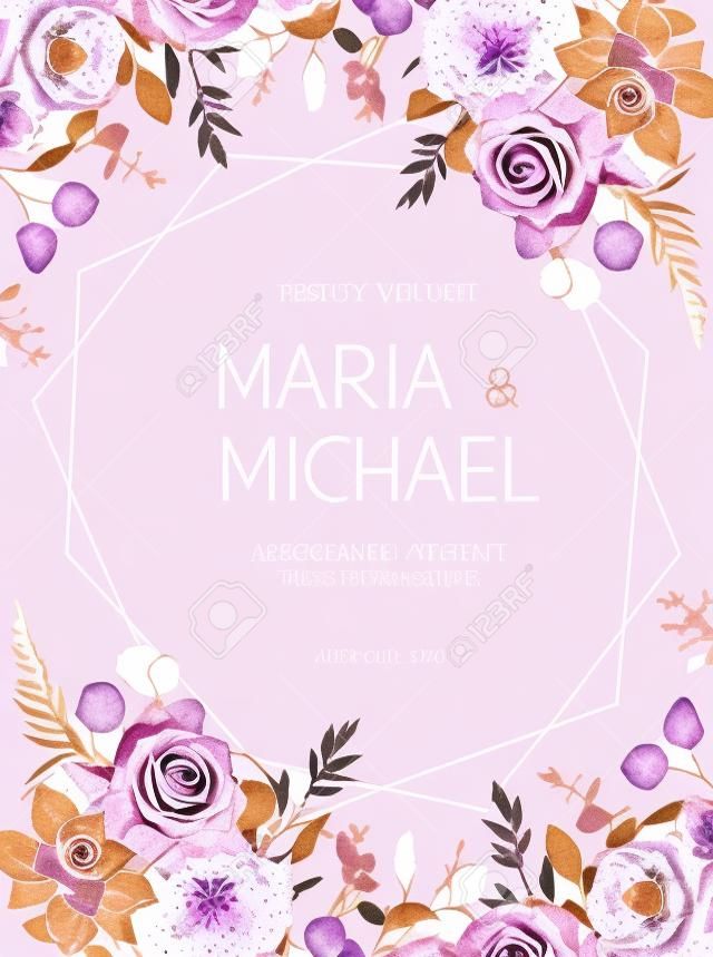 Dusty violet lavender,creamy and mauve antique rose, purple pale flowers,succulent  vector design wedding frame with pink geometric gold line art. Floral watercolor style card. Isolated and editable.