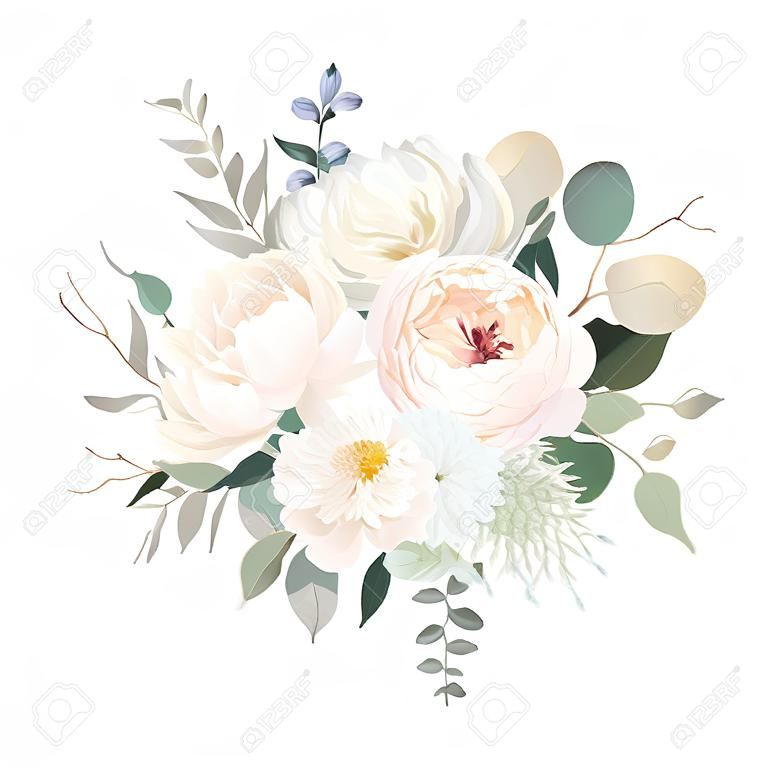 Ivory beige rose, white and creamy woody peony, chrysanthemum flower vector design wedding bouquet.Eucalyptus, greenery.Floral pastel watercolor style.Spring bouquet.Elements are isolated and editable