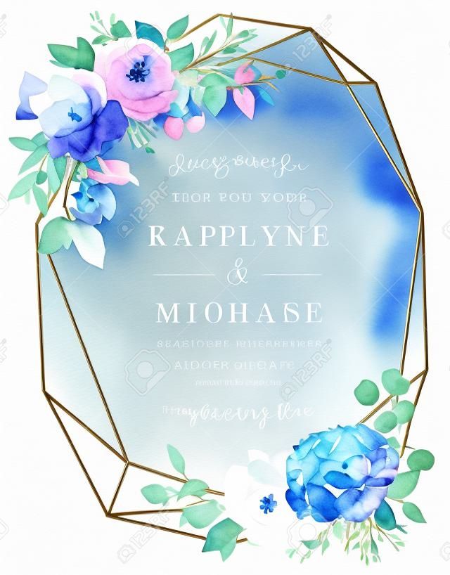Royal blue rose, white hydrangea, anemone, eucalyptus, juniper vector design frame.Stylish pink gold geometry. Watercolor style.Wedding seasonal flower card. Floral composition. Isolated and editable