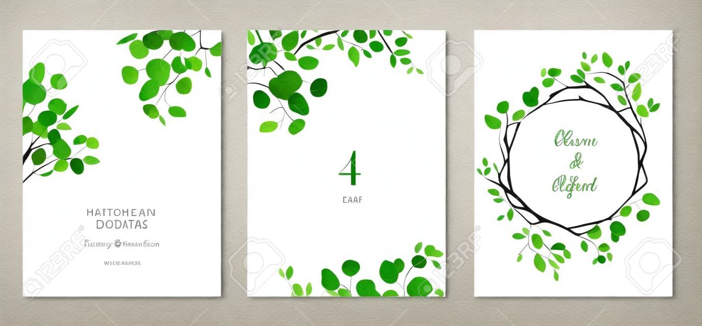 Hand painted branches, leaves on white background