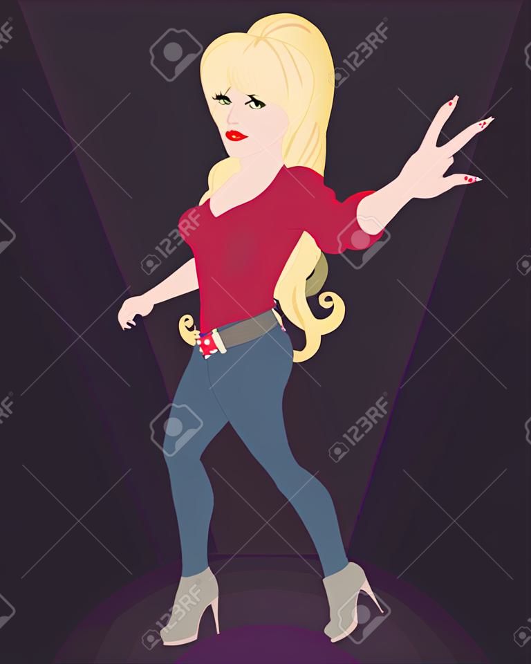Girl rocker on dark background in the spotlight. Blonde with long hair in a punk rock style. Fan of rock, rock'n'roll and other popular musical direction. Isolated illustration. Vertical.