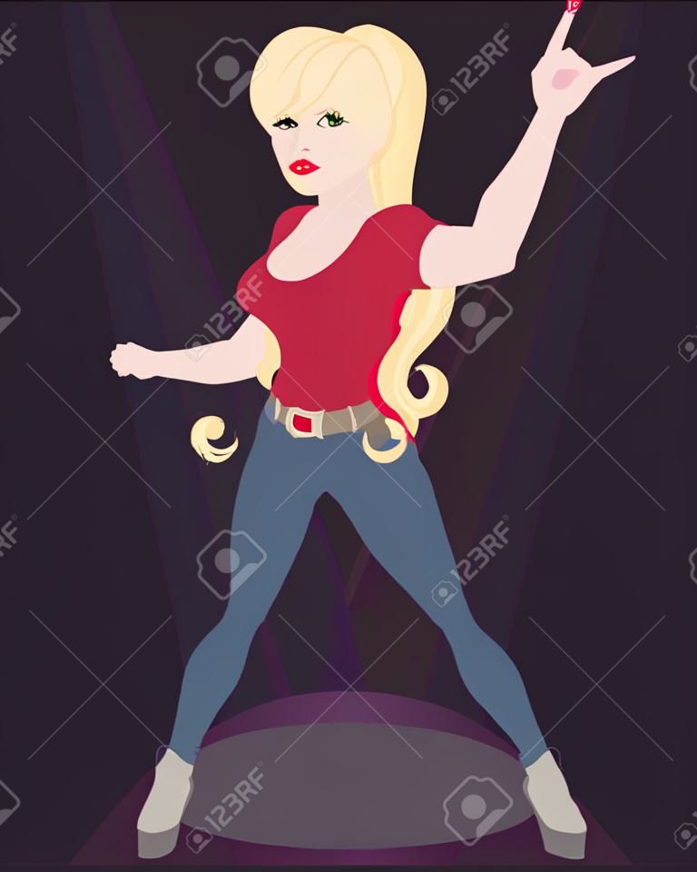Mädchen Rocker auf dunklem Hintergrund im Rampenlicht. Blondine mit langen Haaren in einem Punk-Rock-Stil. Fan von Rock, Rock'n'Roll und andere populäre Musikrichtung. Isolierte Darstellung. Vertikal.