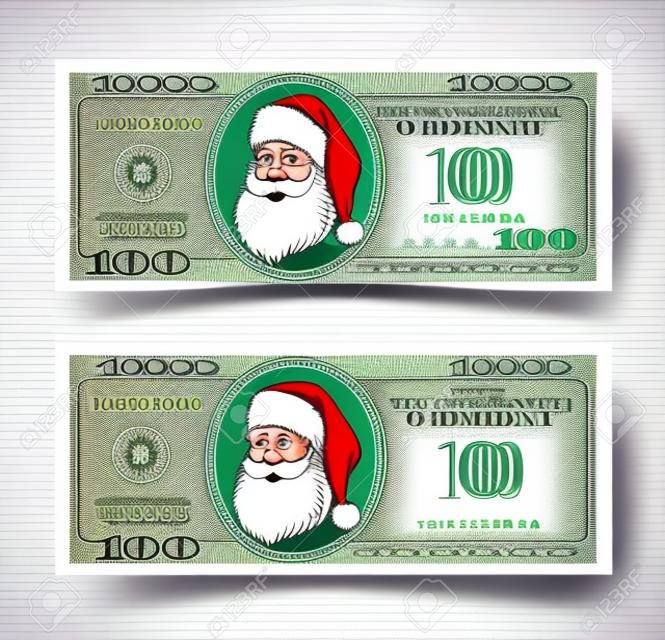 设计模板100美元与圣诞老人的钞票。比尔一百美元。适用于折扣卡，传单，优惠券，传单，代金券。平面样式中的向量。在白色背景隔绝的USD。