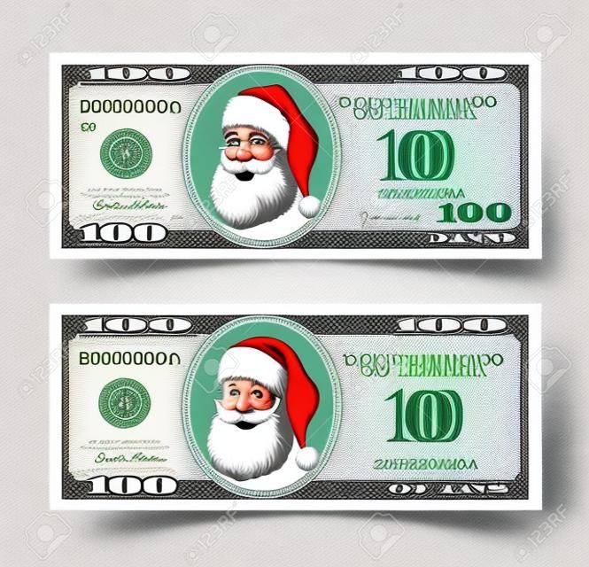 設計模板100美元與聖誕老人的鈔票。比爾一百美元。適用於折扣卡，傳單，優惠券，傳單，代金券。平面樣式中的向量。在白色背景隔絕的USD。