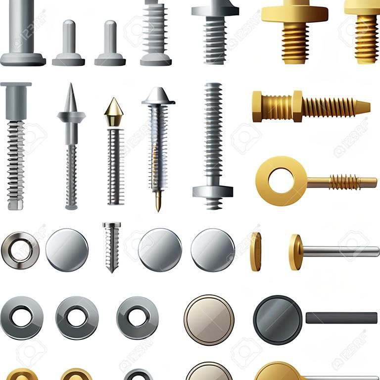 Bolts and screws. Washer nut hardware rivet screw and bolt. Chrome fasteners isolated vector illustrations set