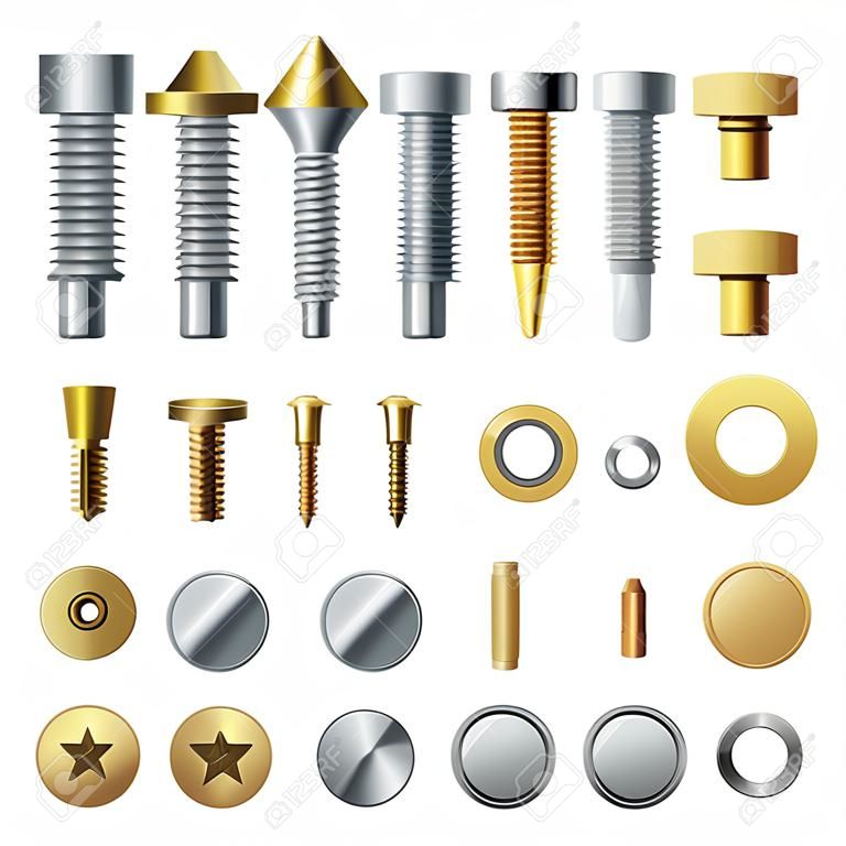 Bolts and screws. Washer nut hardware rivet screw and bolt. Chrome fasteners isolated vector illustrations set