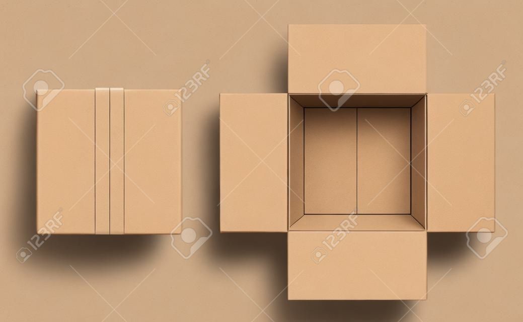 Cardboard box top view. Open closed boxes inside and top, brown pack mockup, delivery service realistic empty carton vector packaging template